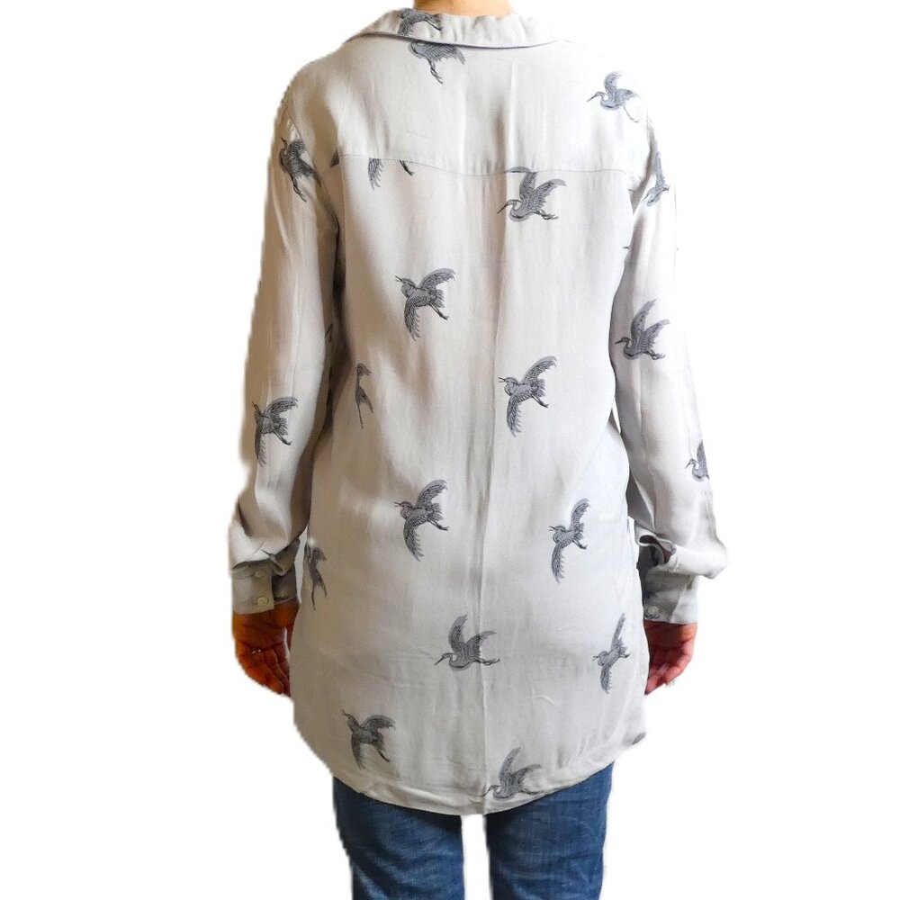 Great Plains Blouse Women Size S Gray Cranes Birds Designer Top Long Sleeve - Picture 2 of 10